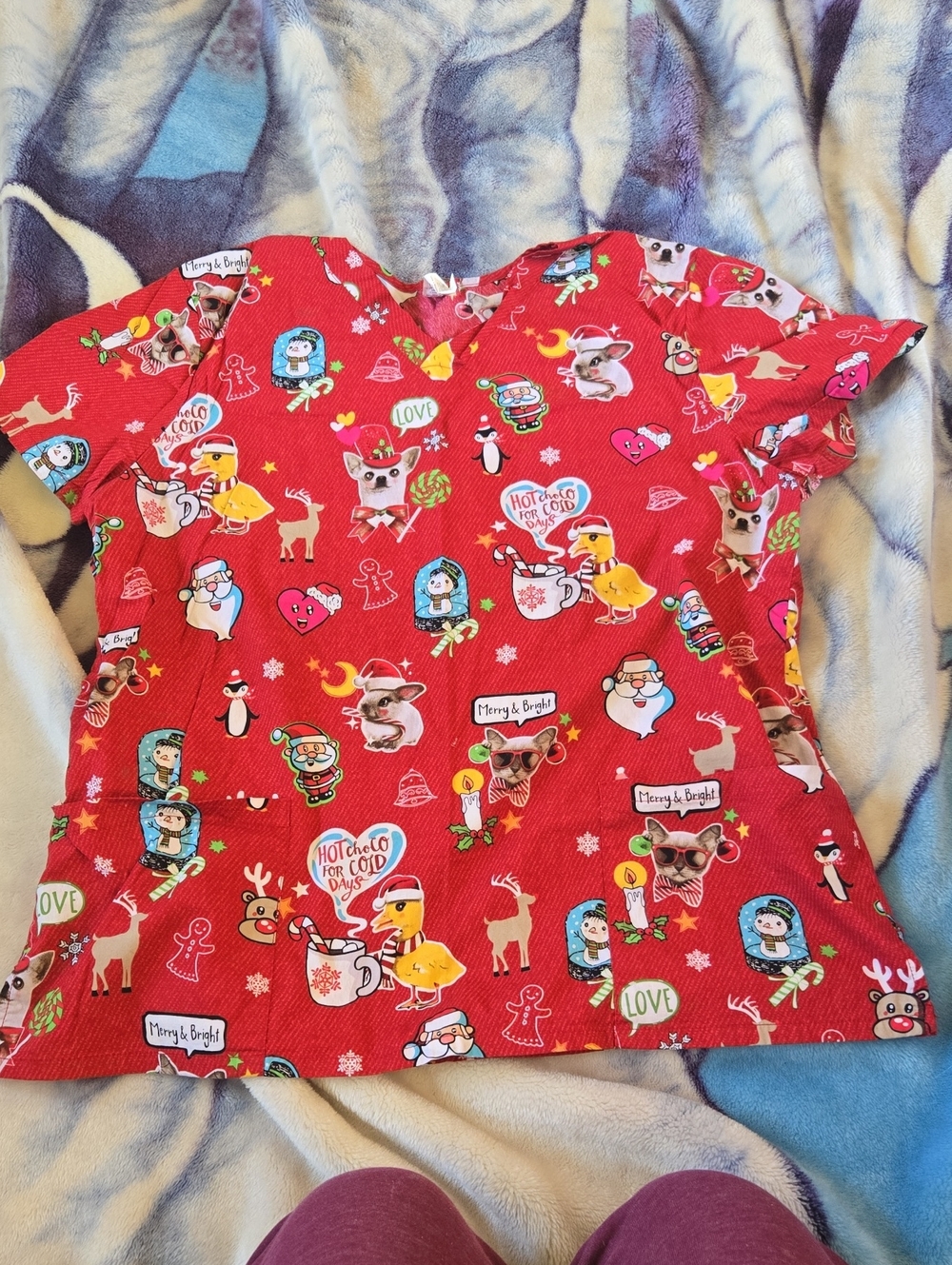 Womans Red Holiday Cartoon Print Scrub Top